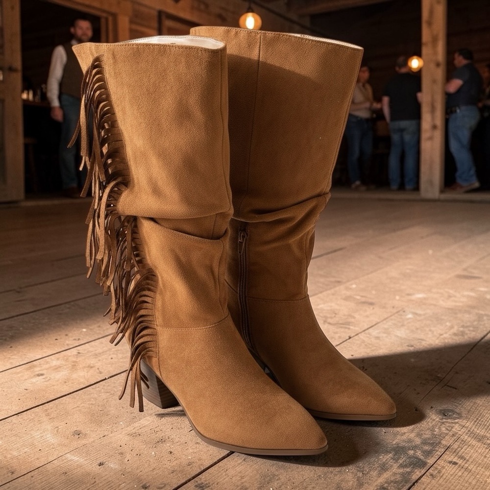 Journee Collection Western Hartly Tan Fringe Boots Womens 6.5 Wide Calf New